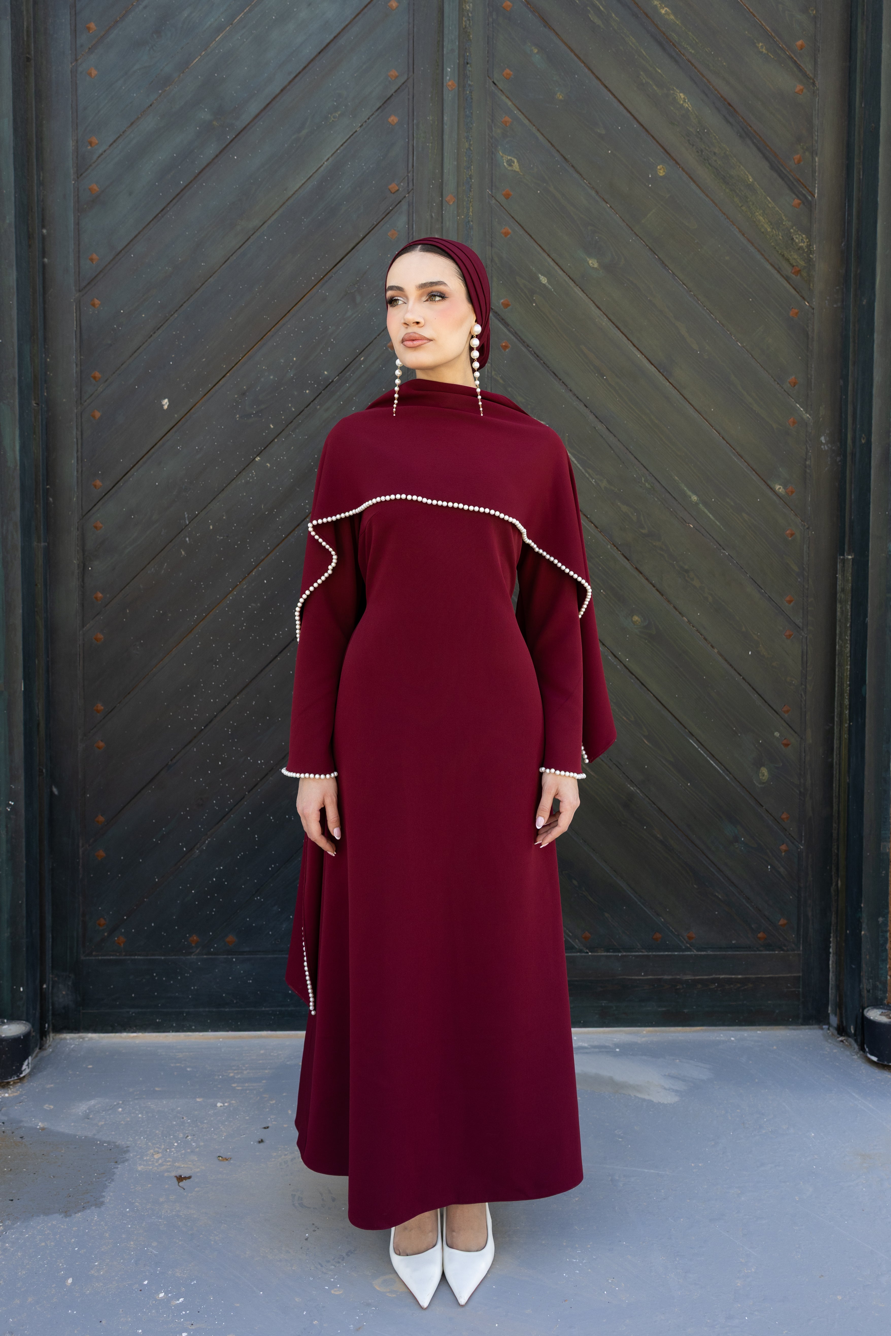 Pearls Scarf Abaya Dress - Burgundy
