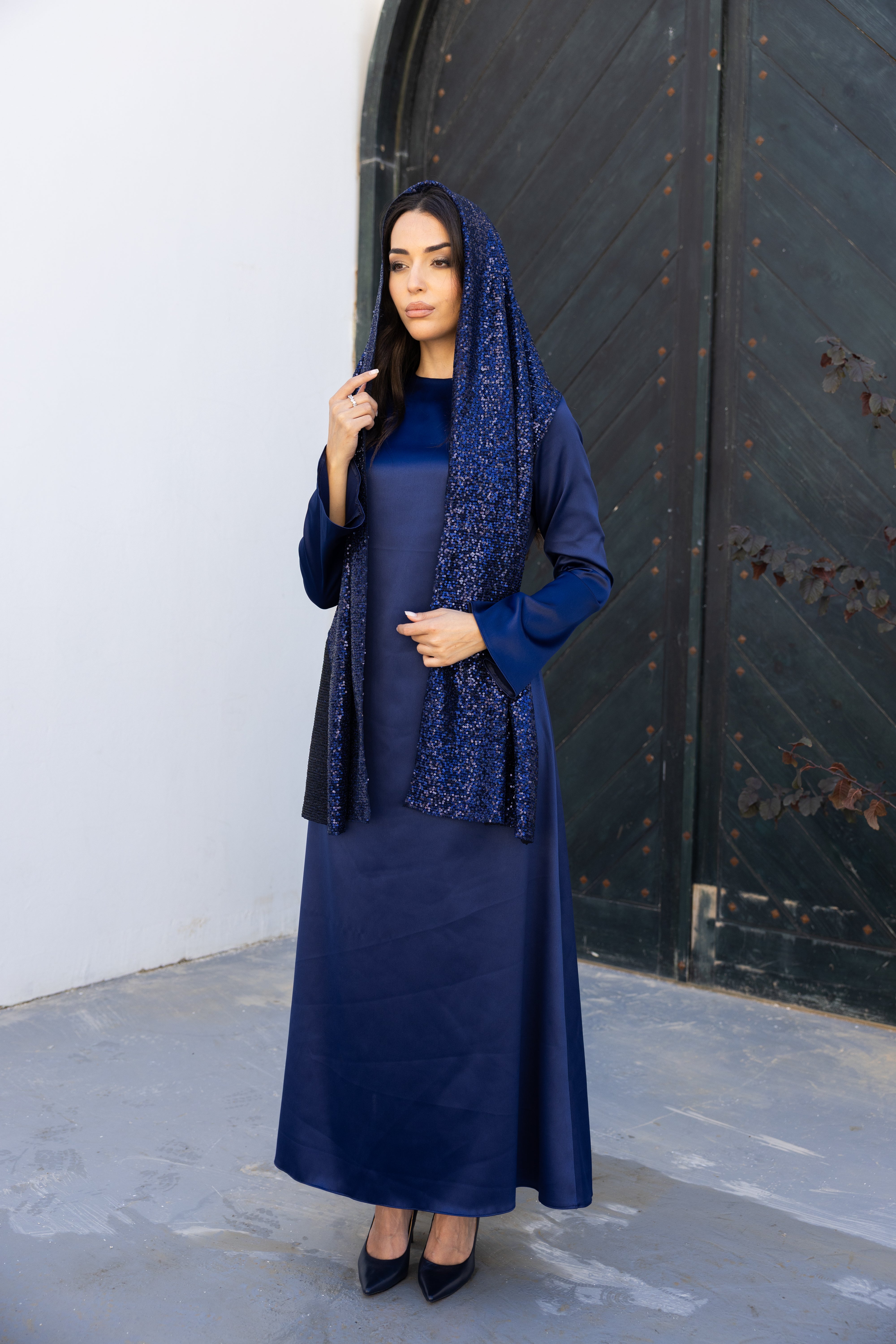 Sequin Scarf Abaya Dress - Navy Blue