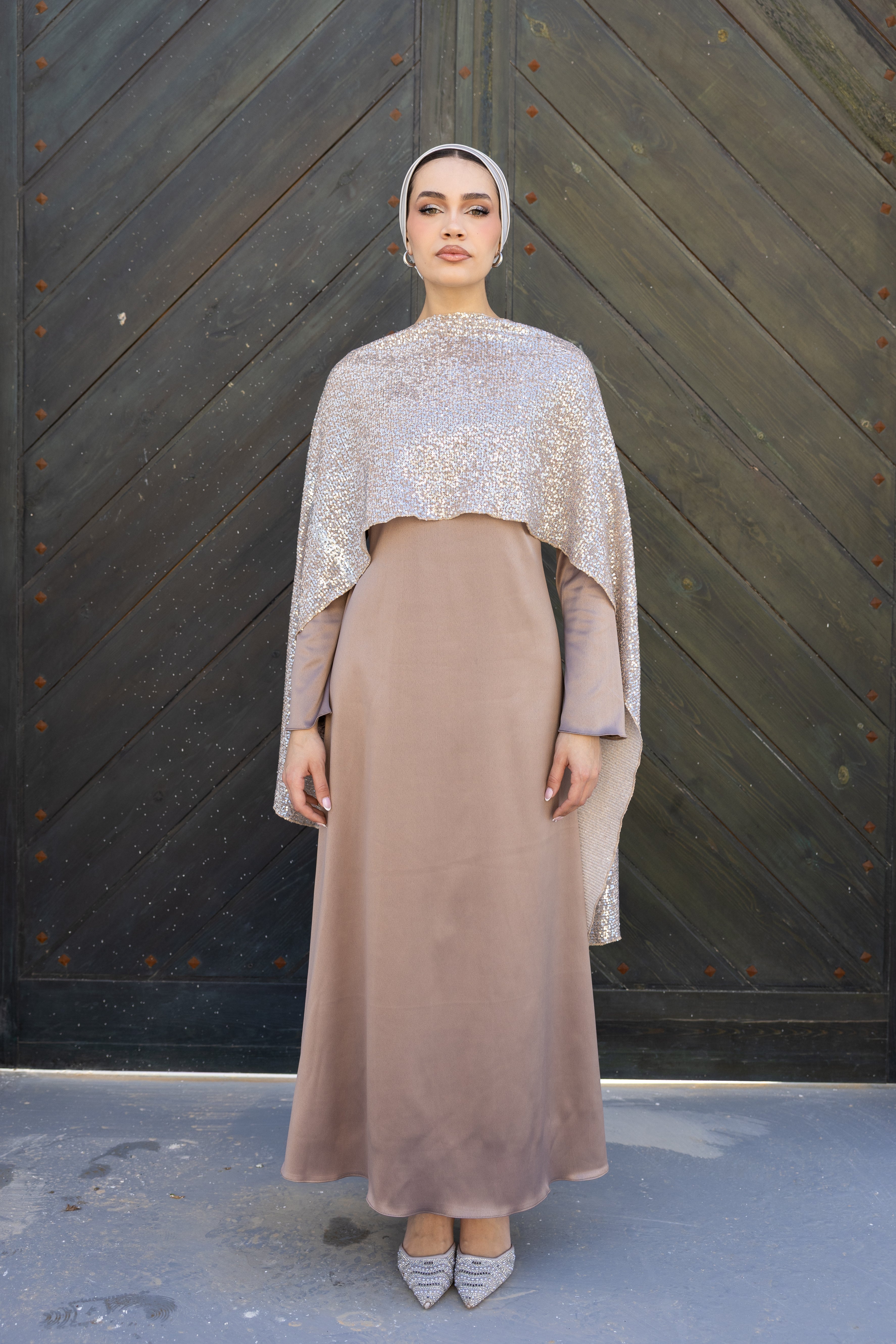 Sequin Scarf Abaya Dress - Rose gold
