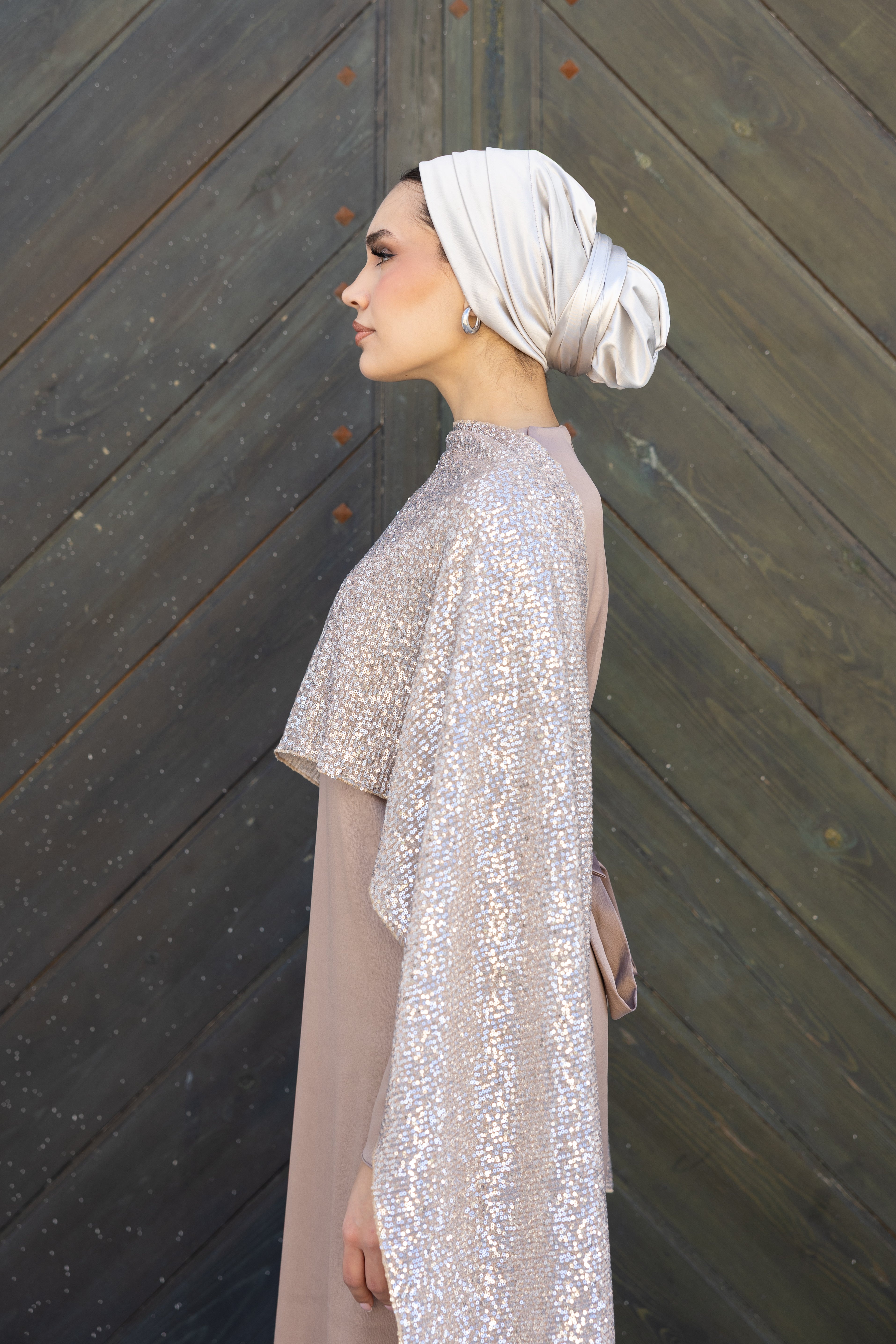 Sequin Scarf Abaya Dress - Rose gold