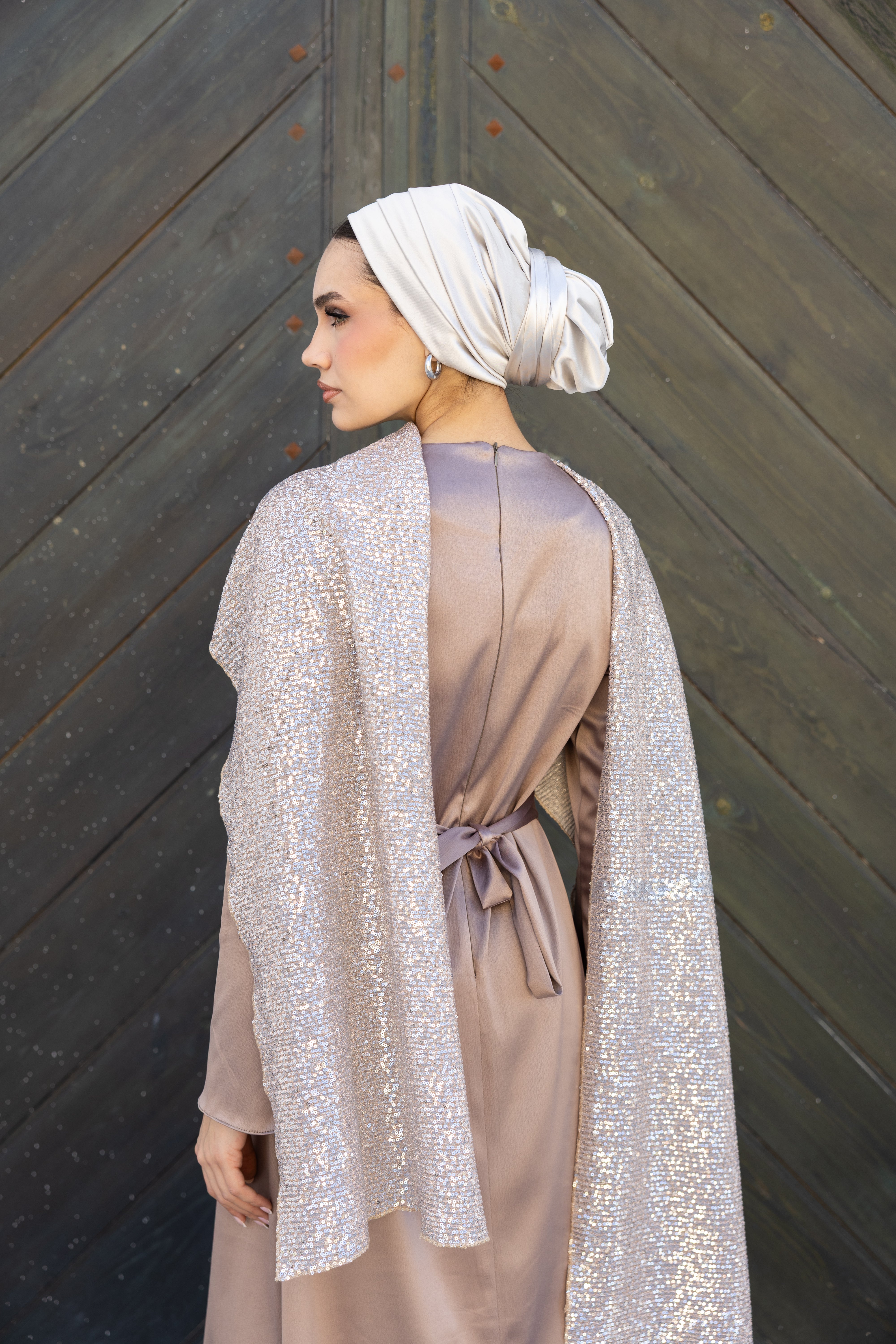 Sequin Scarf Abaya Dress - Rose gold