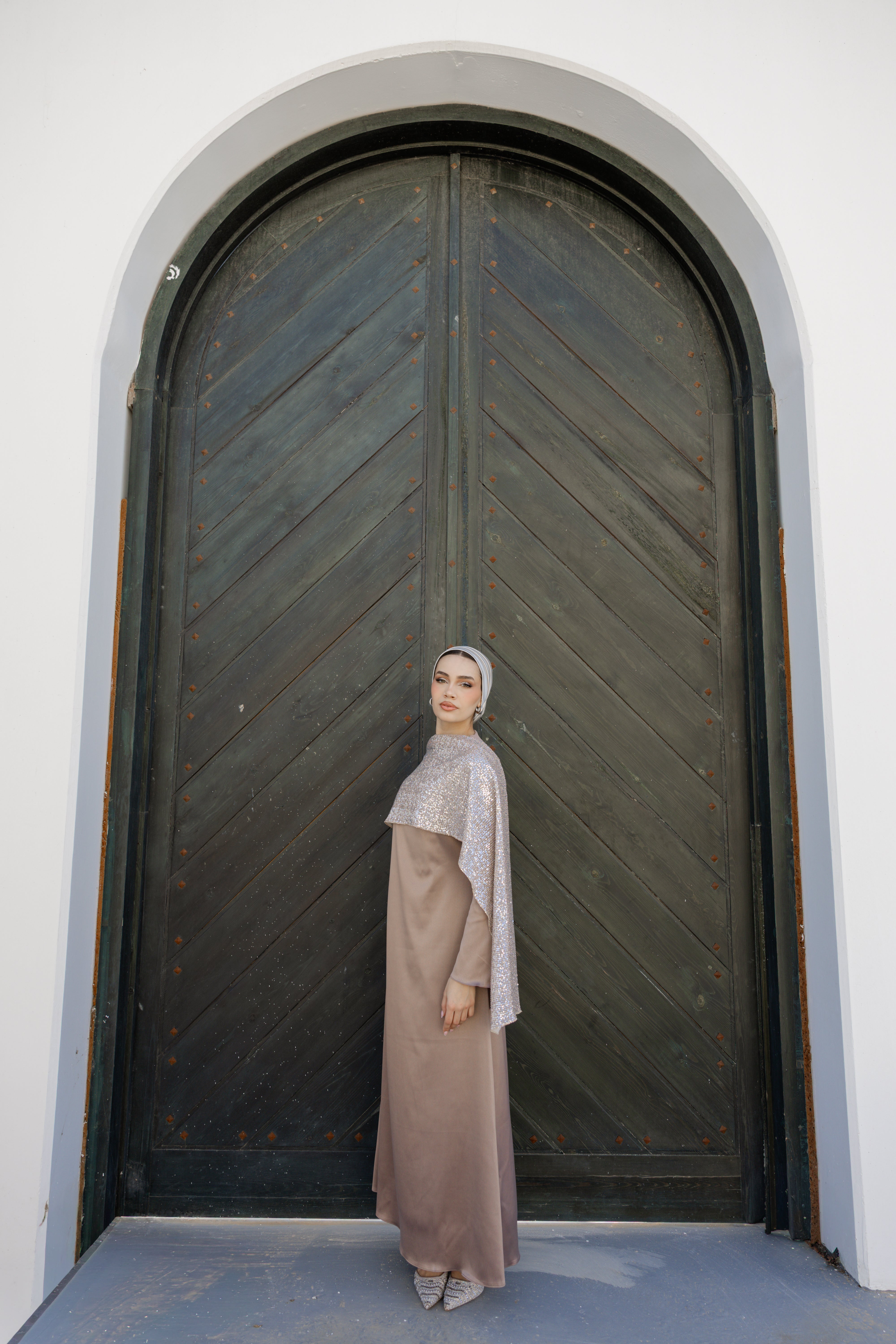 Sequin Scarf Abaya Dress - Rose gold