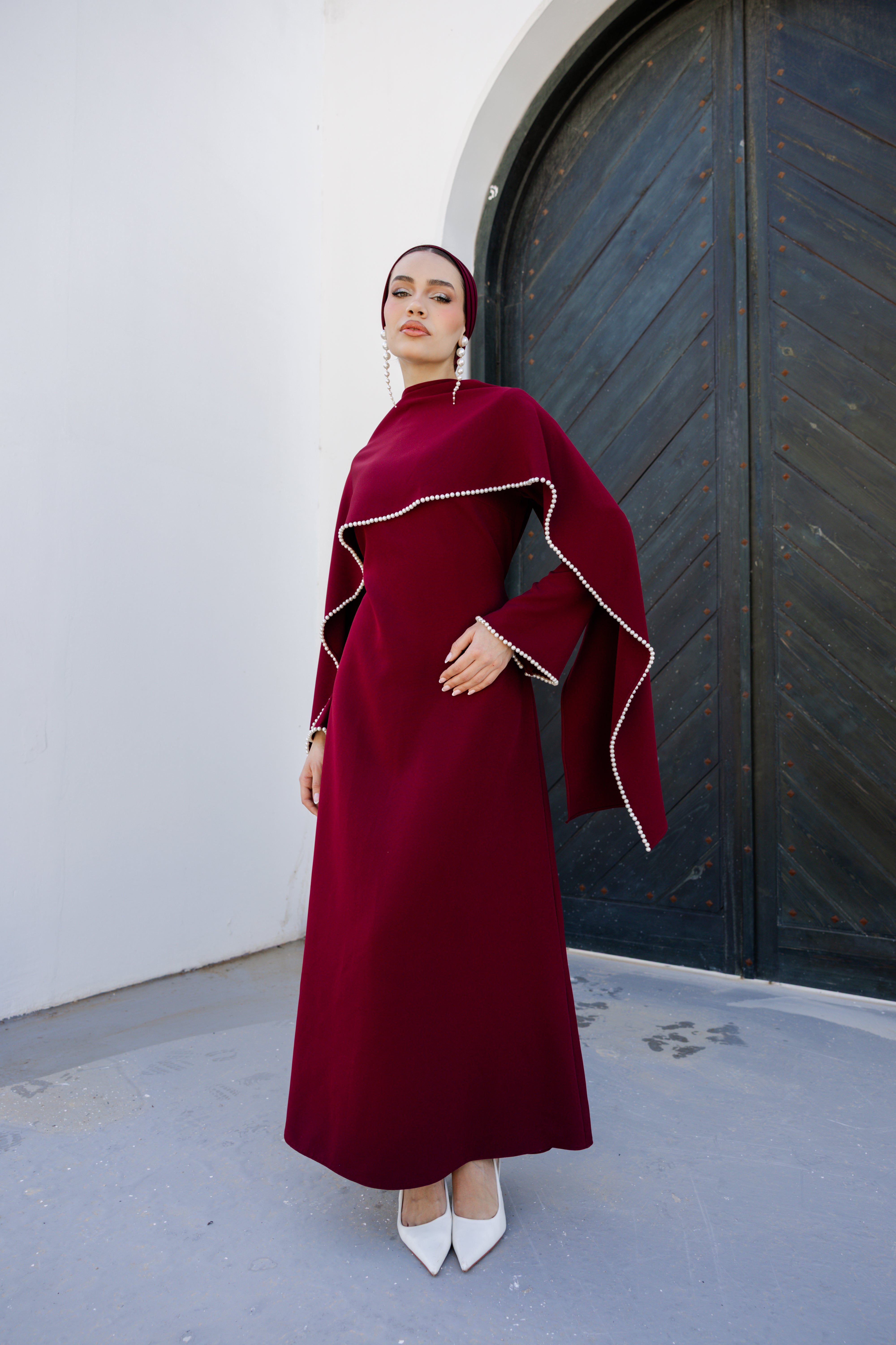 Pearls Scarf Abaya Dress - Burgundy