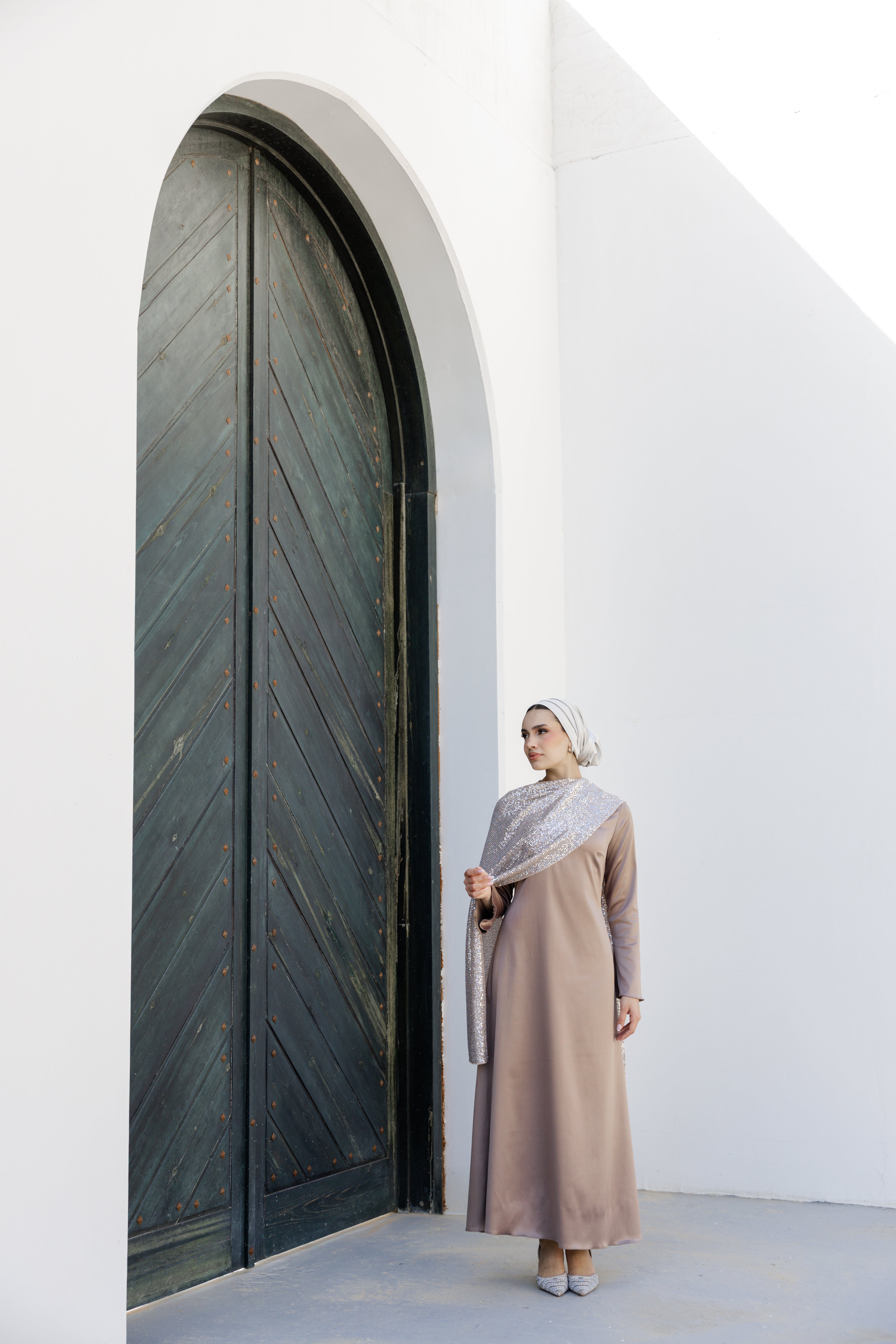 Sequin Scarf Abaya Dress - Rose gold