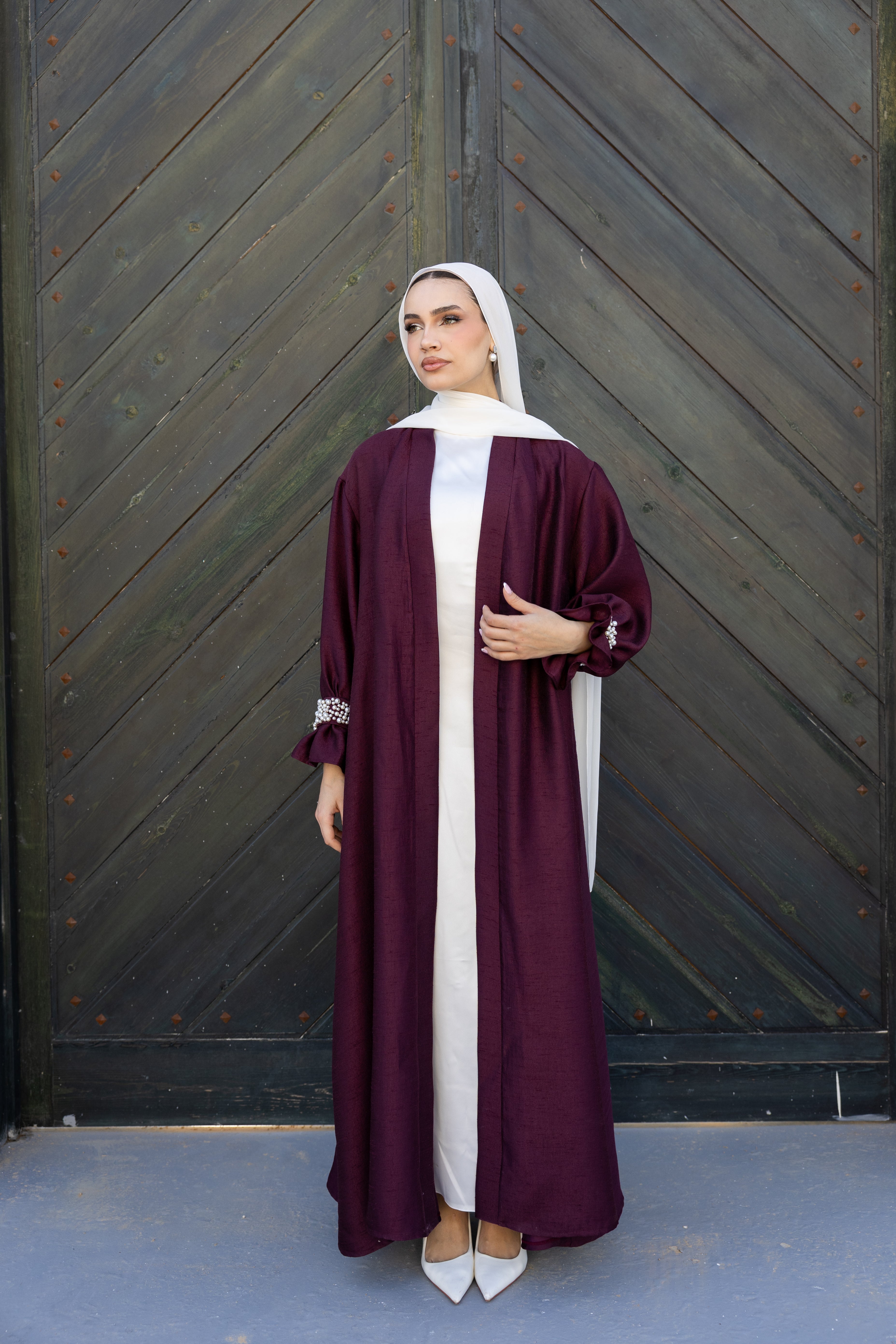Pearls Beaded cuff Abaya - Burgundy