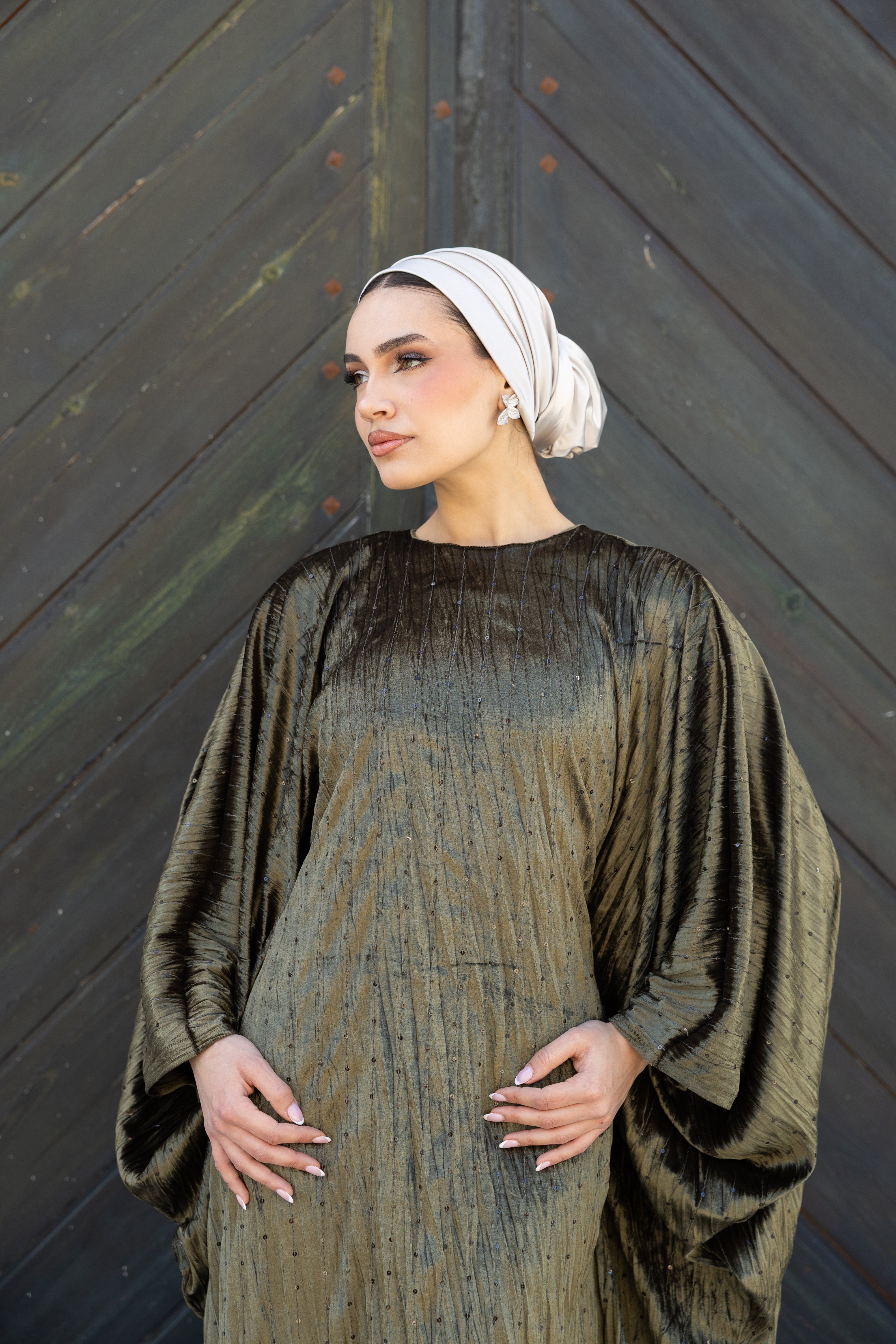 Velvet Butterfly Abaya - Olive green