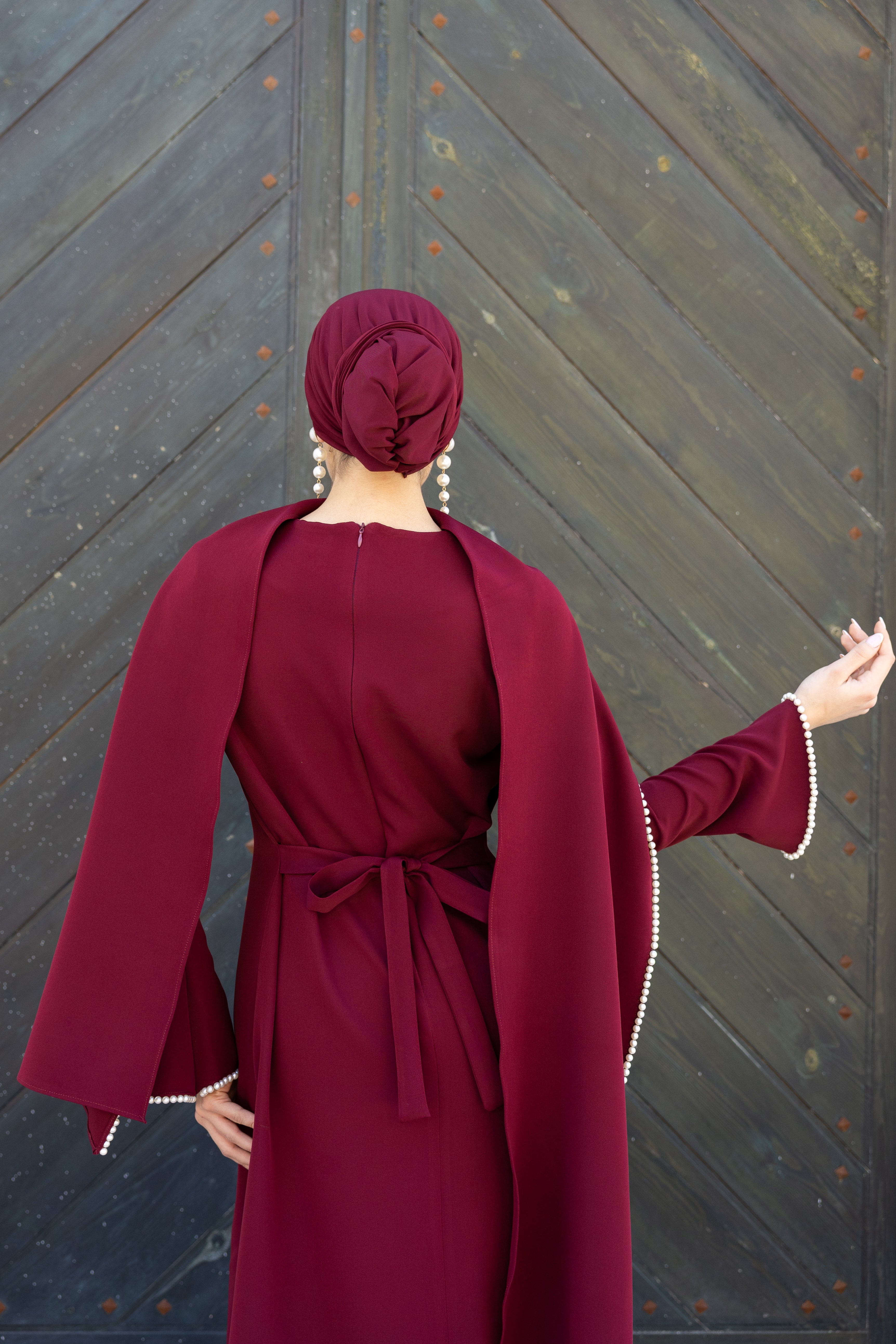 Pearls Scarf Abaya Dress - Burgundy