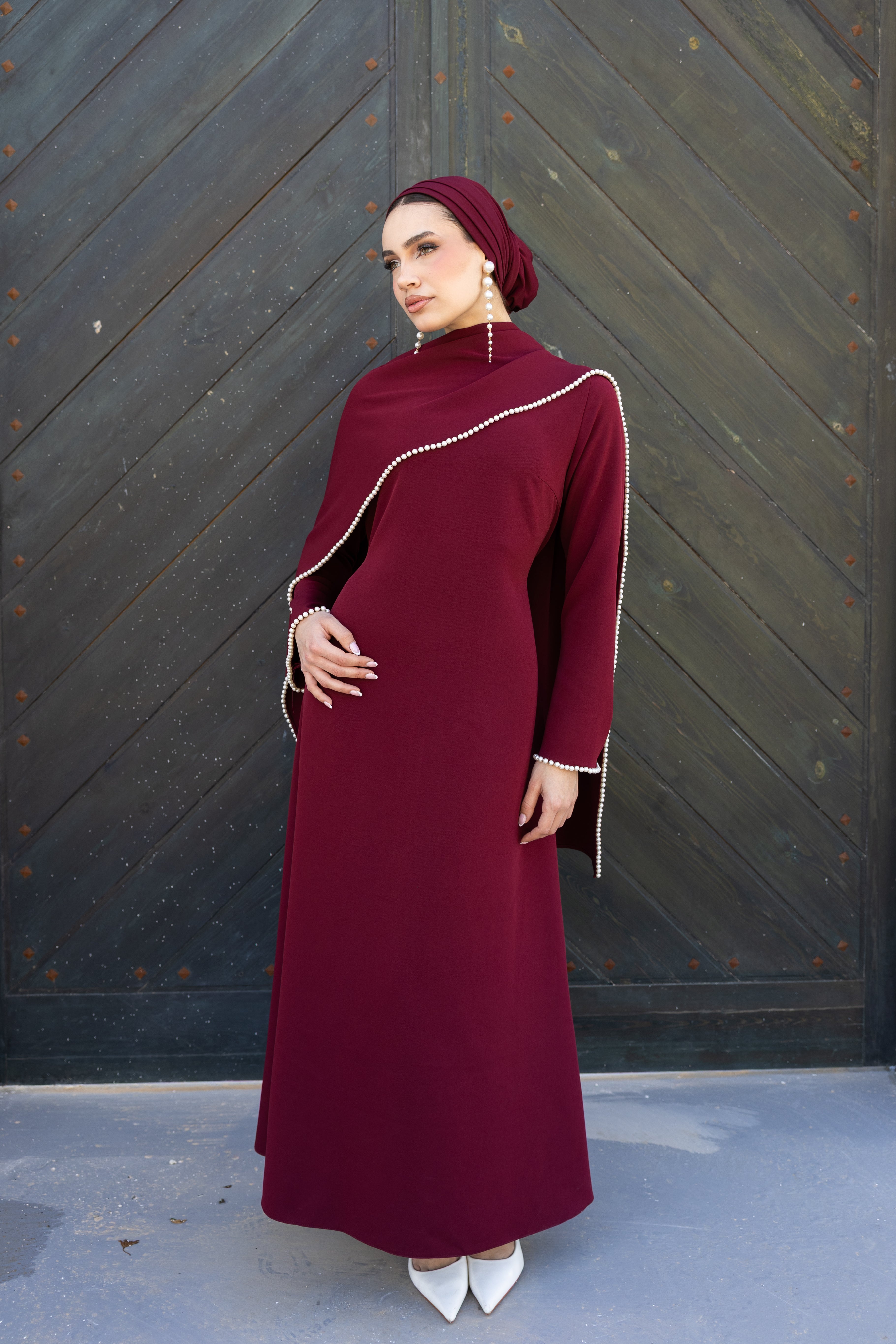 Pearls Scarf Abaya Dress - Burgundy