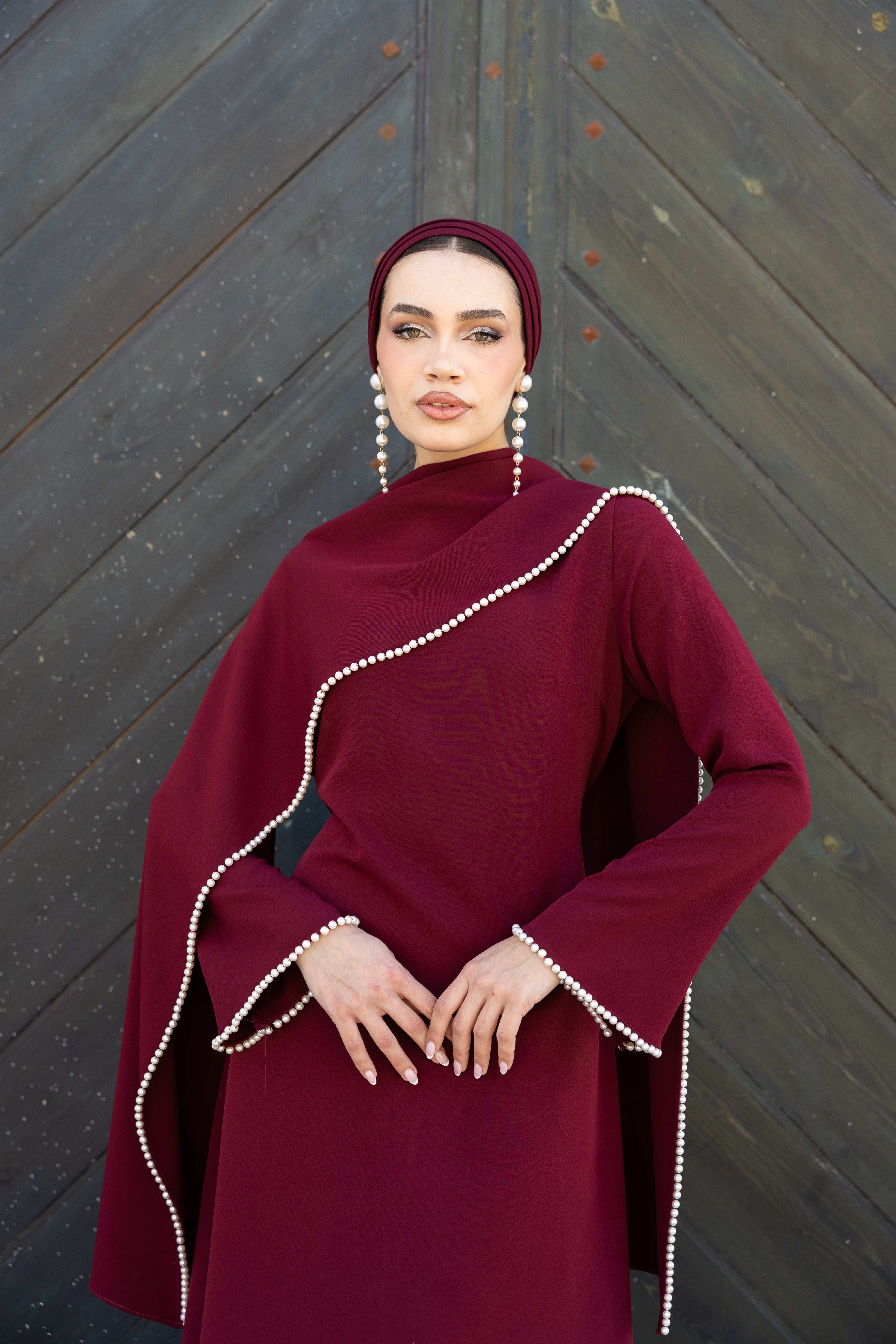 Pearls Scarf Abaya Dress - Burgundy