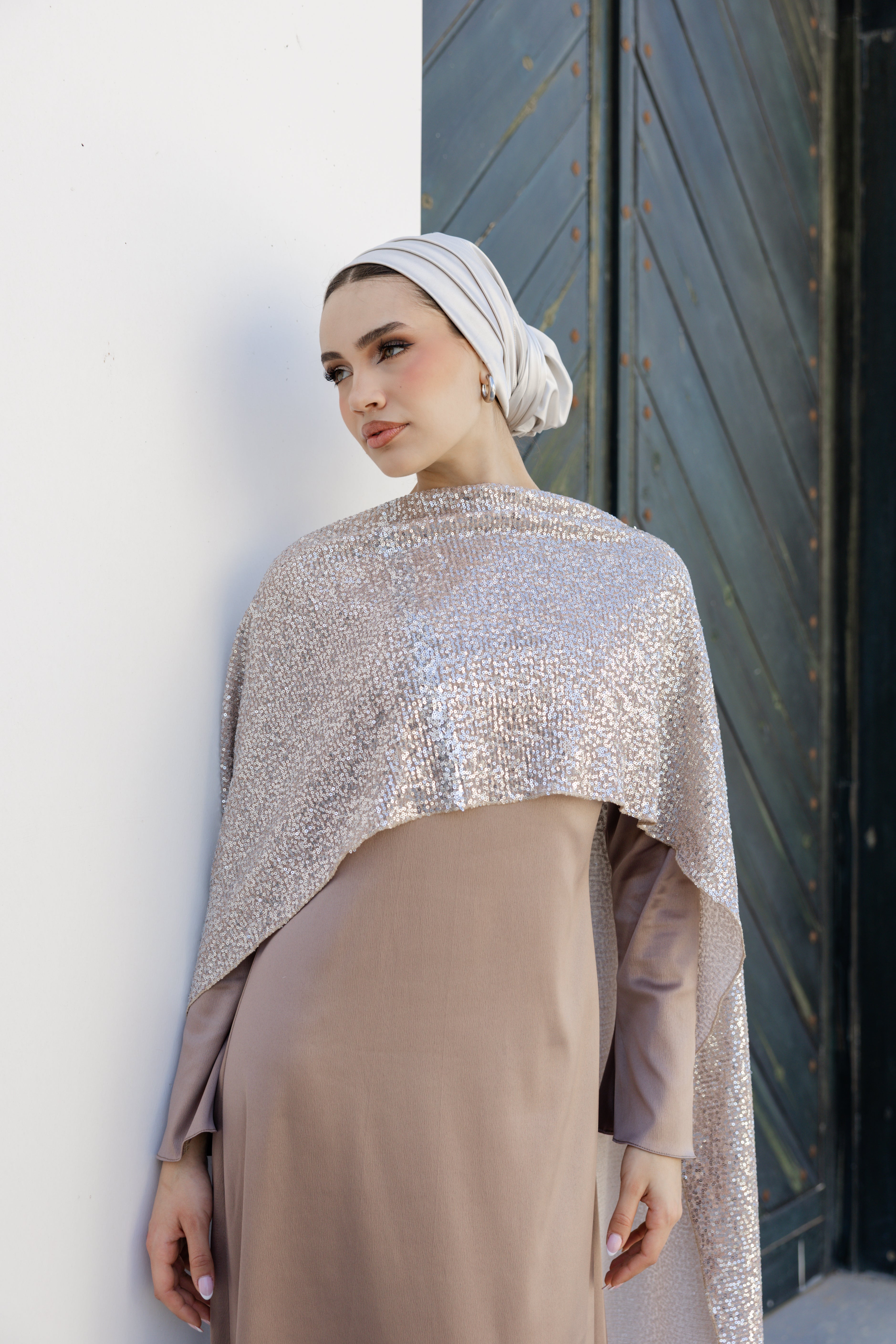 Sequin Scarf Abaya Dress - Rose gold